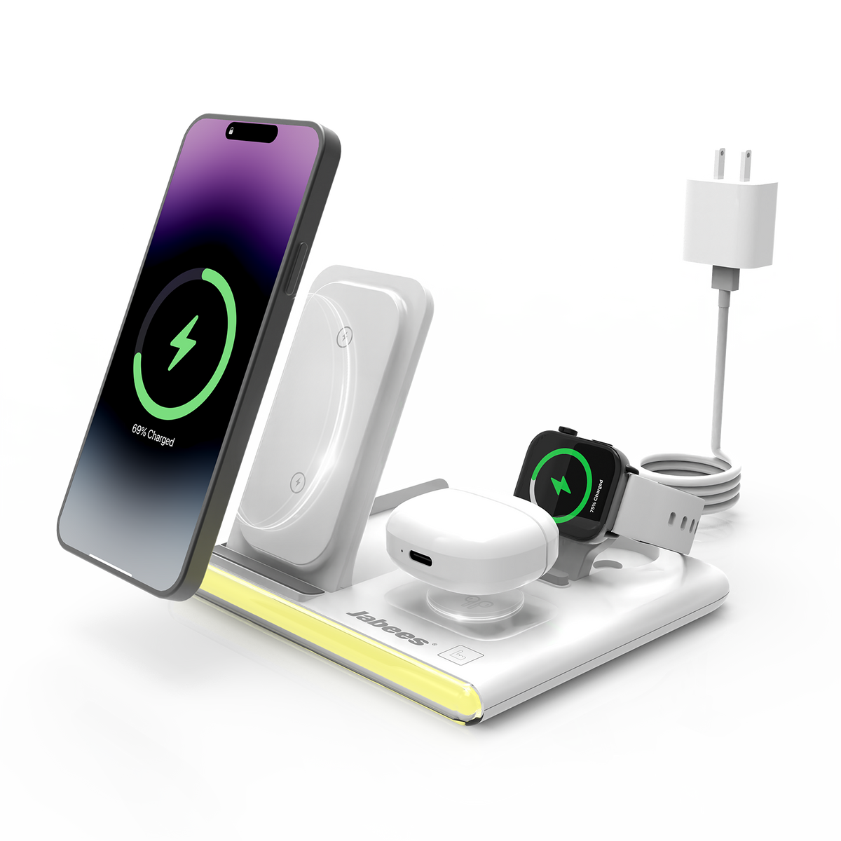 Chargeur sans fil pliable 4 en 1 Jabees PowerGlow avec lumière LED