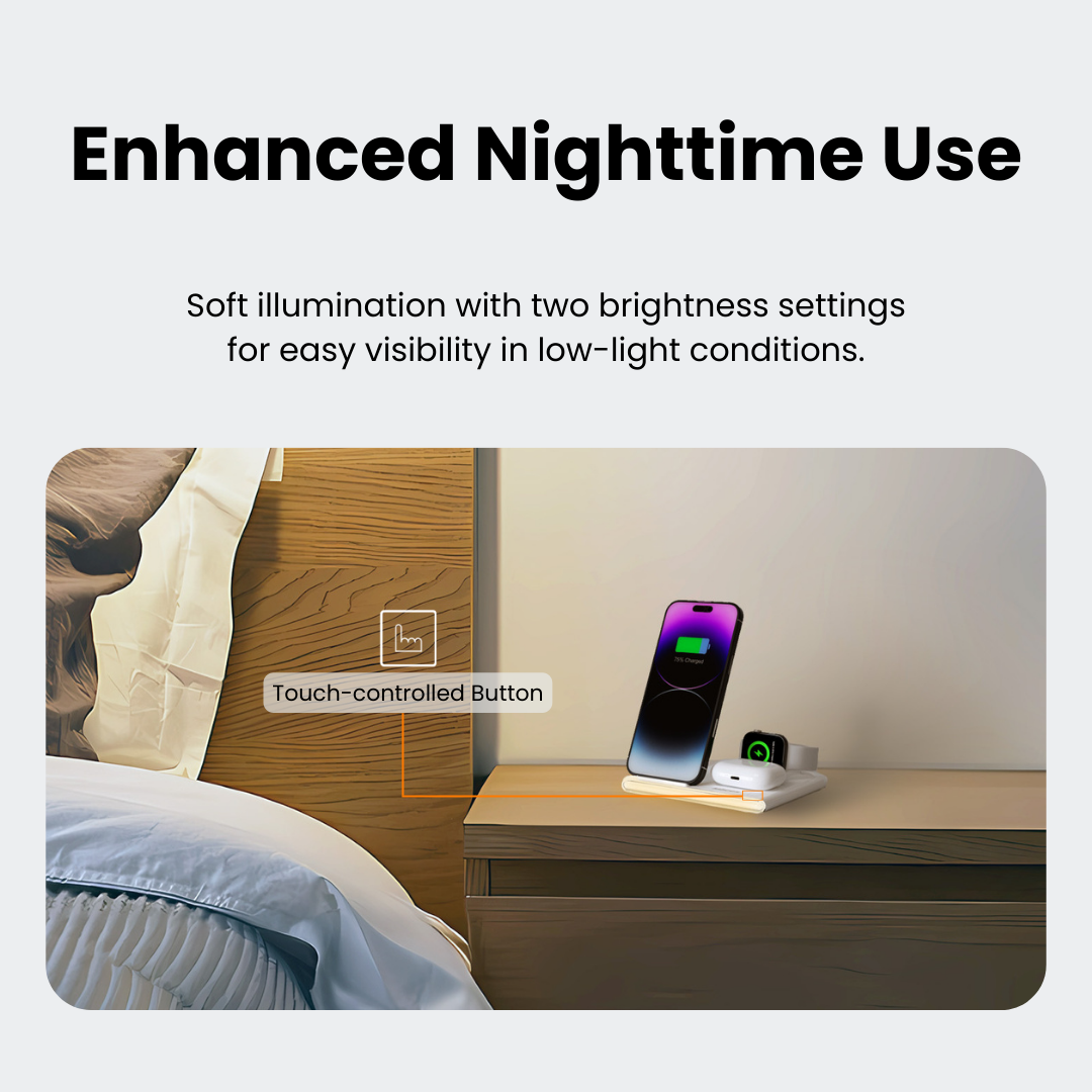 Jabees PowerGlow 4-i-1 trådløs ladestasjon med LED-nattlys
