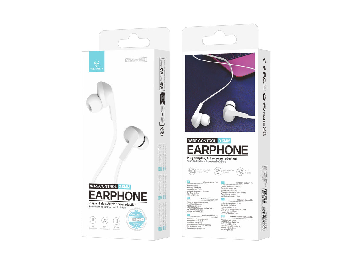 White Techancy TD8022 wired 3.5 mm earphones with microphone