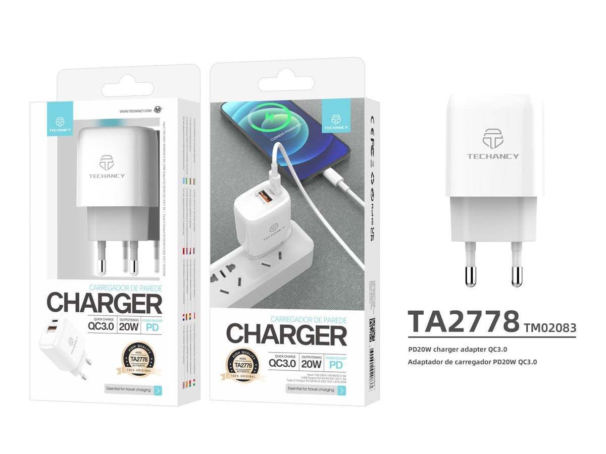 White Techancy TA2801 20 W charger with PD and QC 3.0 fast charging