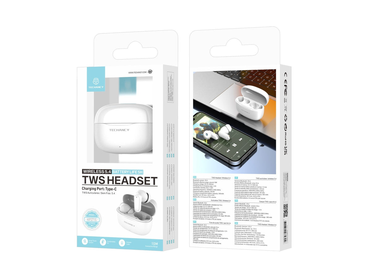 Techancy TWS KP2715 Bluetooth 5.4-ørepropper med HD-mikrofon, hvite