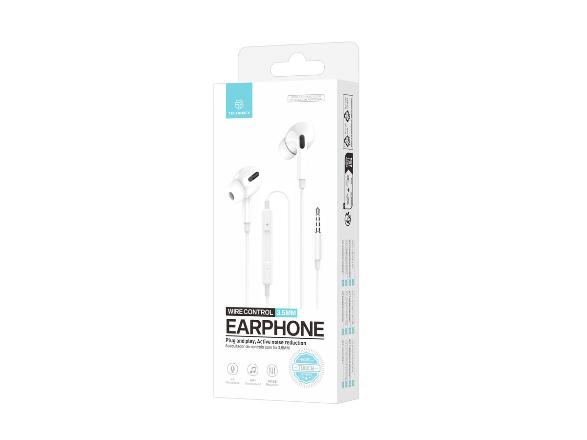 Techancy TD8036-øretelefoner med 3,5 mm-kabel og mikrofon, hvite
