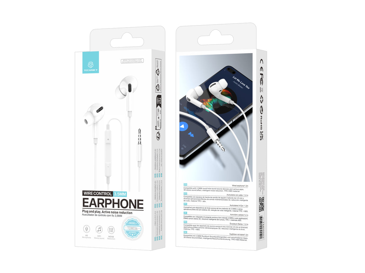 Techancy TD8036-øretelefoner med 3,5 mm-kabel og mikrofon, hvite