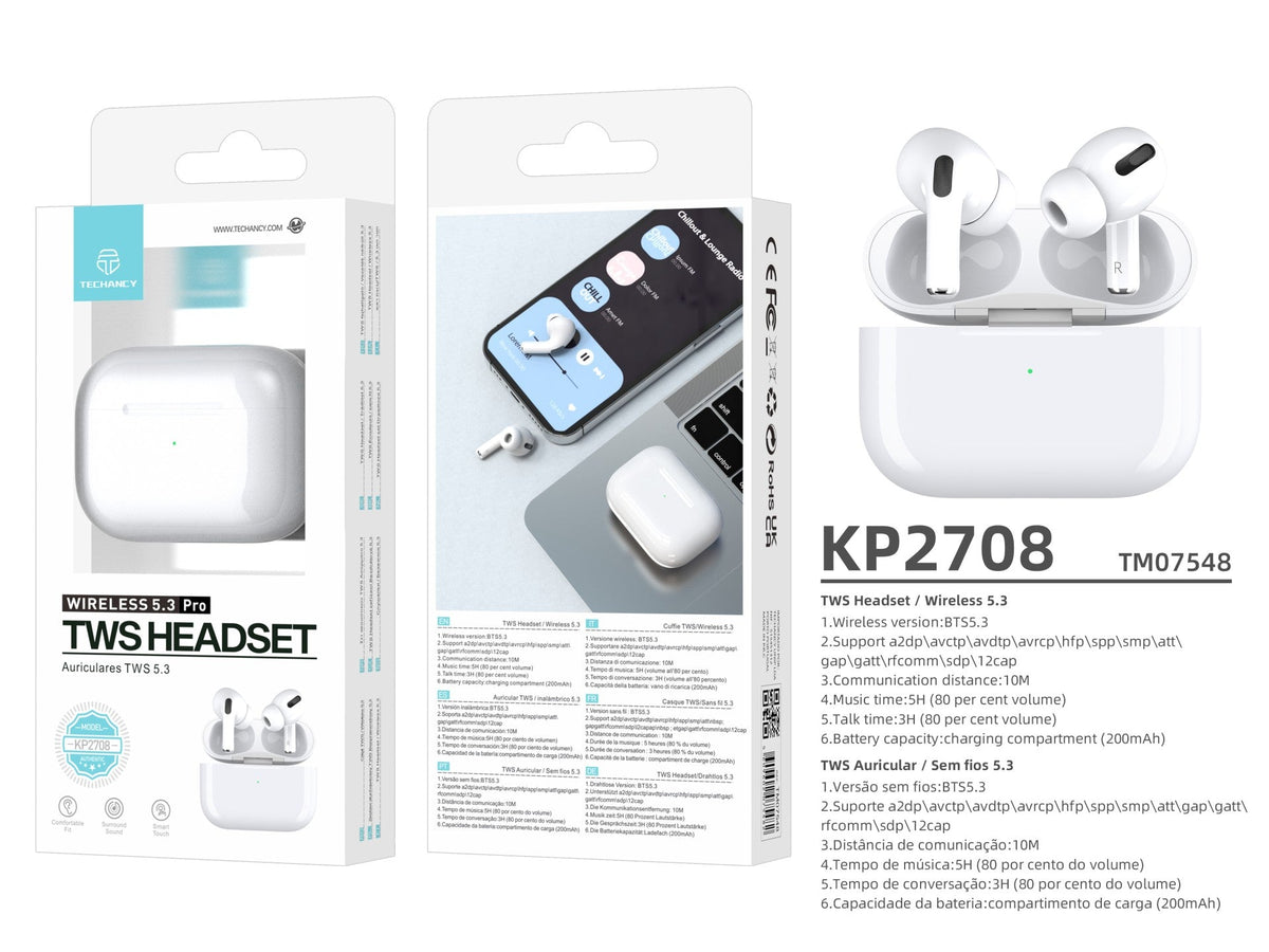 Techancy TWS KP2708 Bluetooth 5.3-ørepropper, hvite, opptil 5 t avspilling
