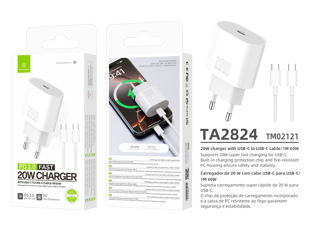 Techancy TA2824 PD 3.0 USB-C-lader på 20 W med USB-C-kabel