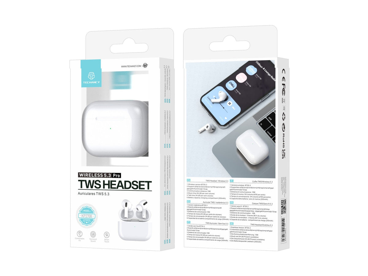 Techancy TWS KP2708 Bluetooth 5.3-ørepropper, hvite, opptil 5 t avspilling