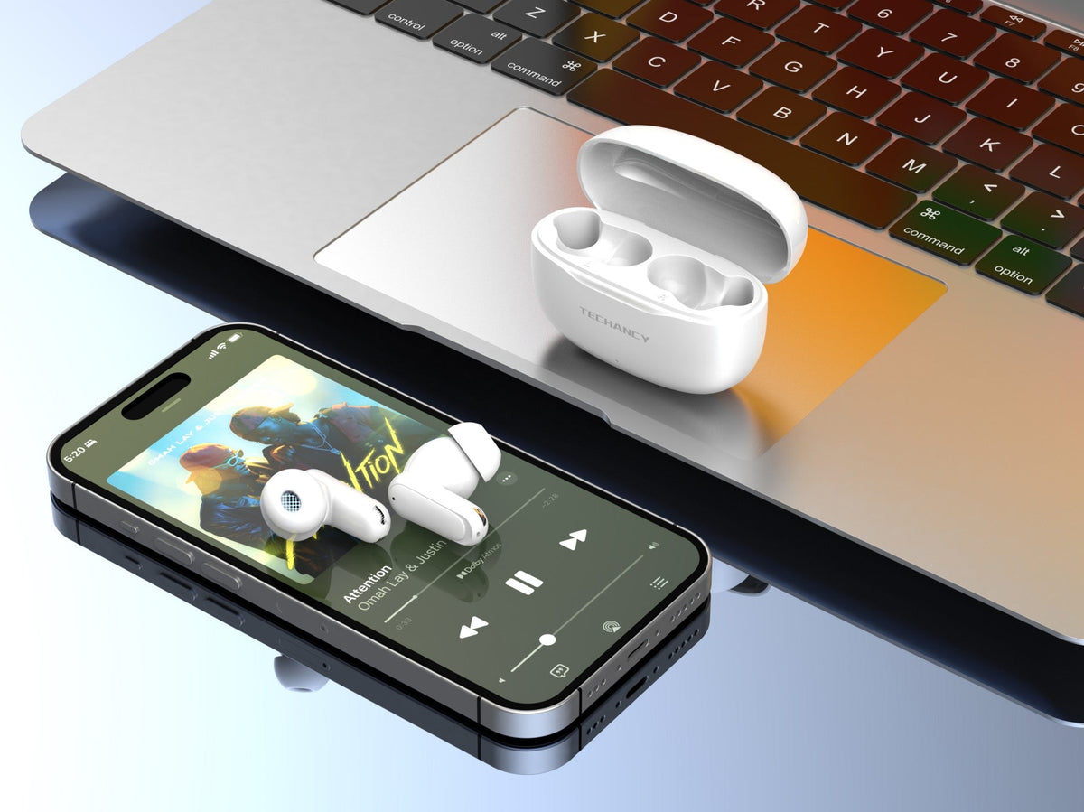Techancy TWS KP2715 Bluetooth 5.4-ørepropper med HD-mikrofon, hvite