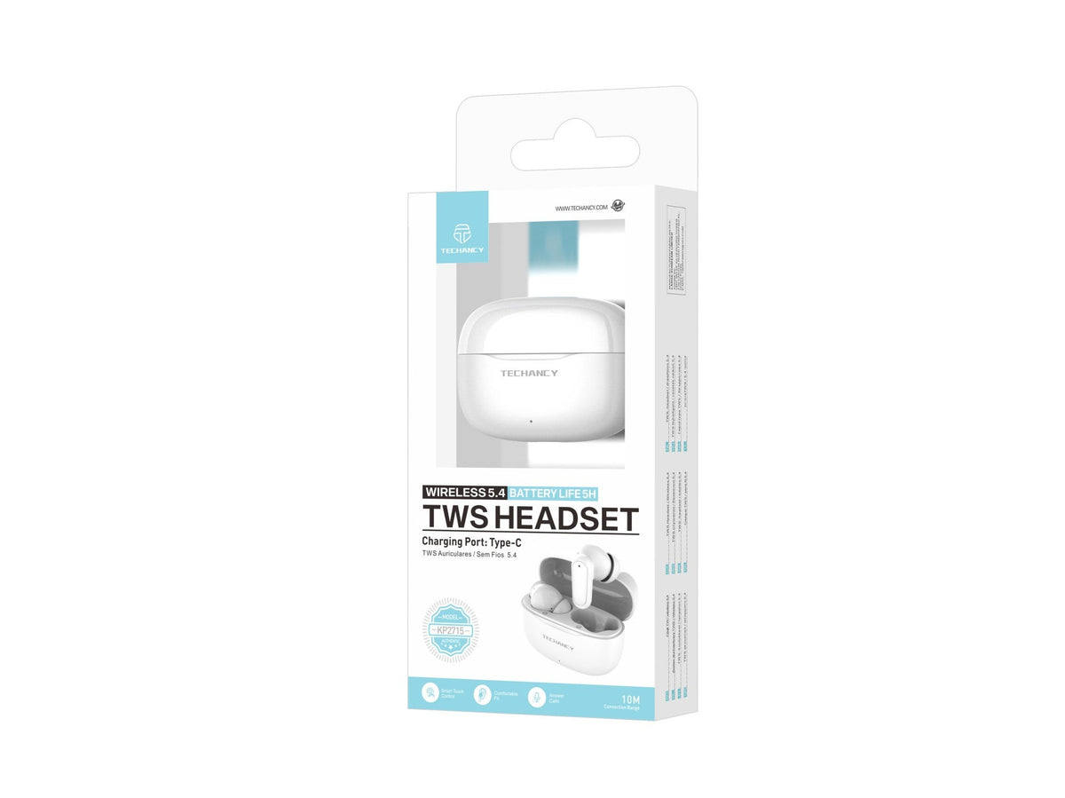 Techancy TWS KP2715 Bluetooth 5.4-ørepropper med HD-mikrofon, hvite