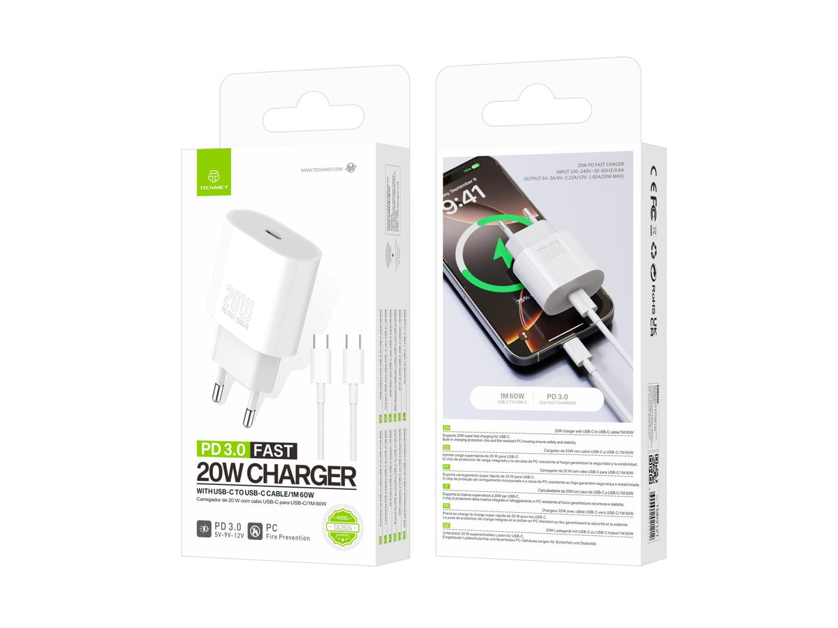 Techancy TA2824 PD 3.0 USB-C-lader på 20 W med USB-C-kabel