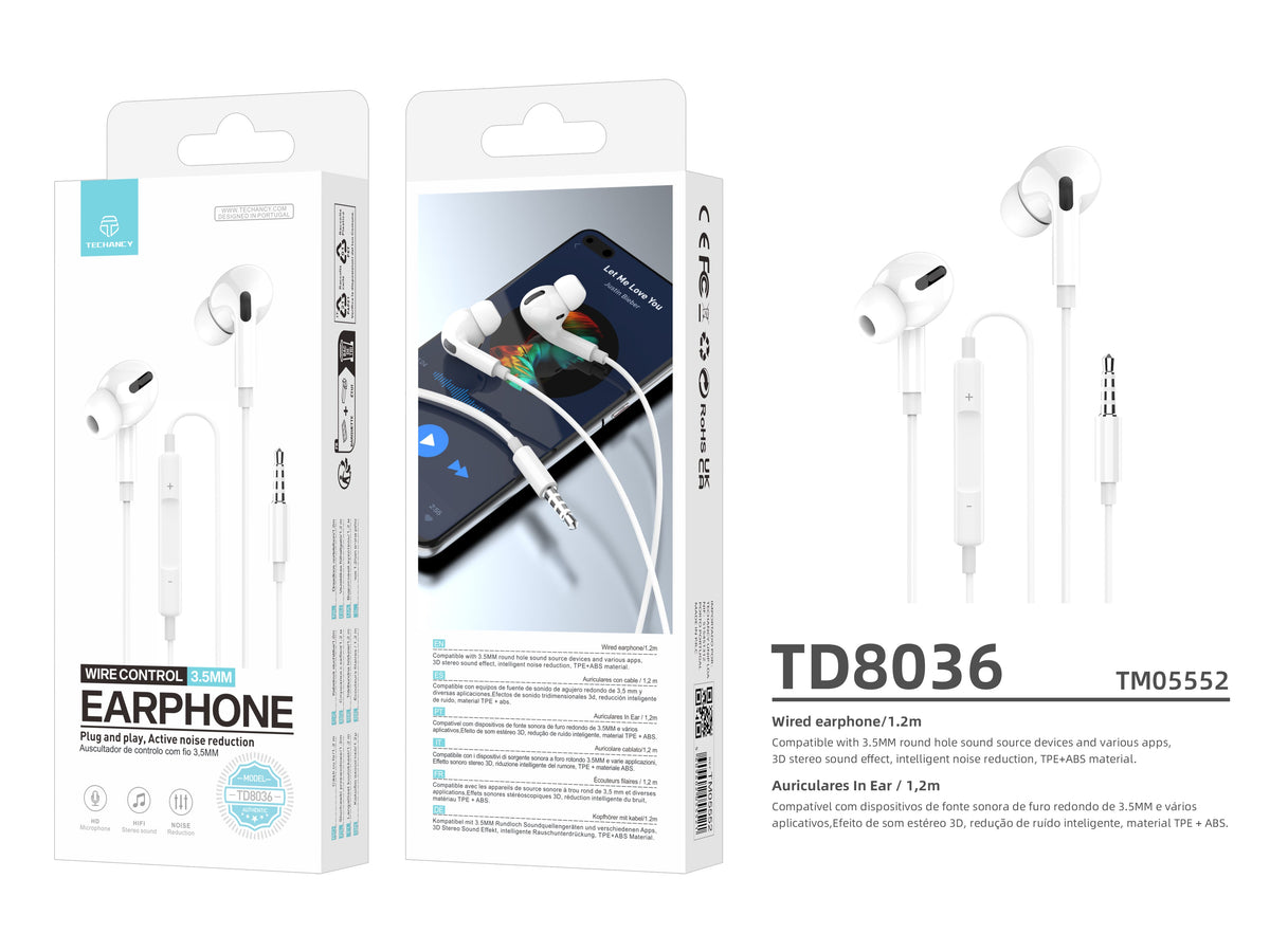 Techancy TD8036-øretelefoner med 3,5 mm-kabel og mikrofon, hvite